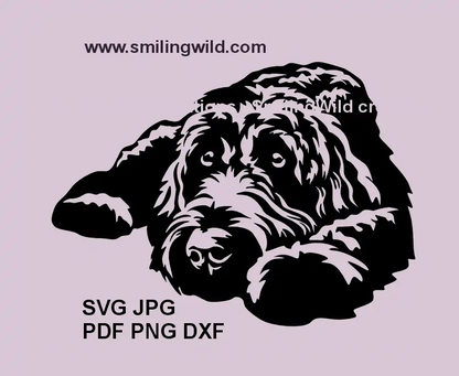 Realistic black Labradoodle SVG of a lying dog – perfect for Cricut and laser cutting projects.