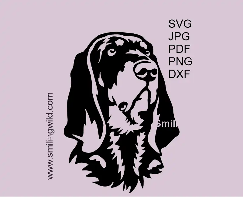 Black & Tan Coonhound headportrait in SVG PNG DXF Vector Graphic Clipart - a part of black and white dog face series. Hunting dog cutting file optimized for Cricut.