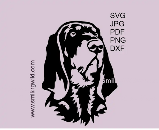 Black & Tan Coonhound headportrait in SVG PNG DXF Vector Graphic Clipart - a part of black and white dog face series. Hunting dog cutting file optimized for Cricut.