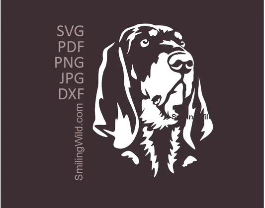 Black and Tan Coonhound SVG Clipart Dog White Vector Art. SVG, PNG and DXF clipart files Optimized for dark material and Cricut & laser cutting machines.