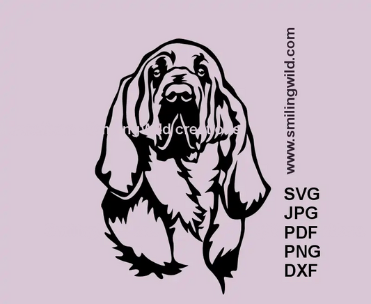 Realistic noble Bloodhound dog face SVG portrait in black vector line art