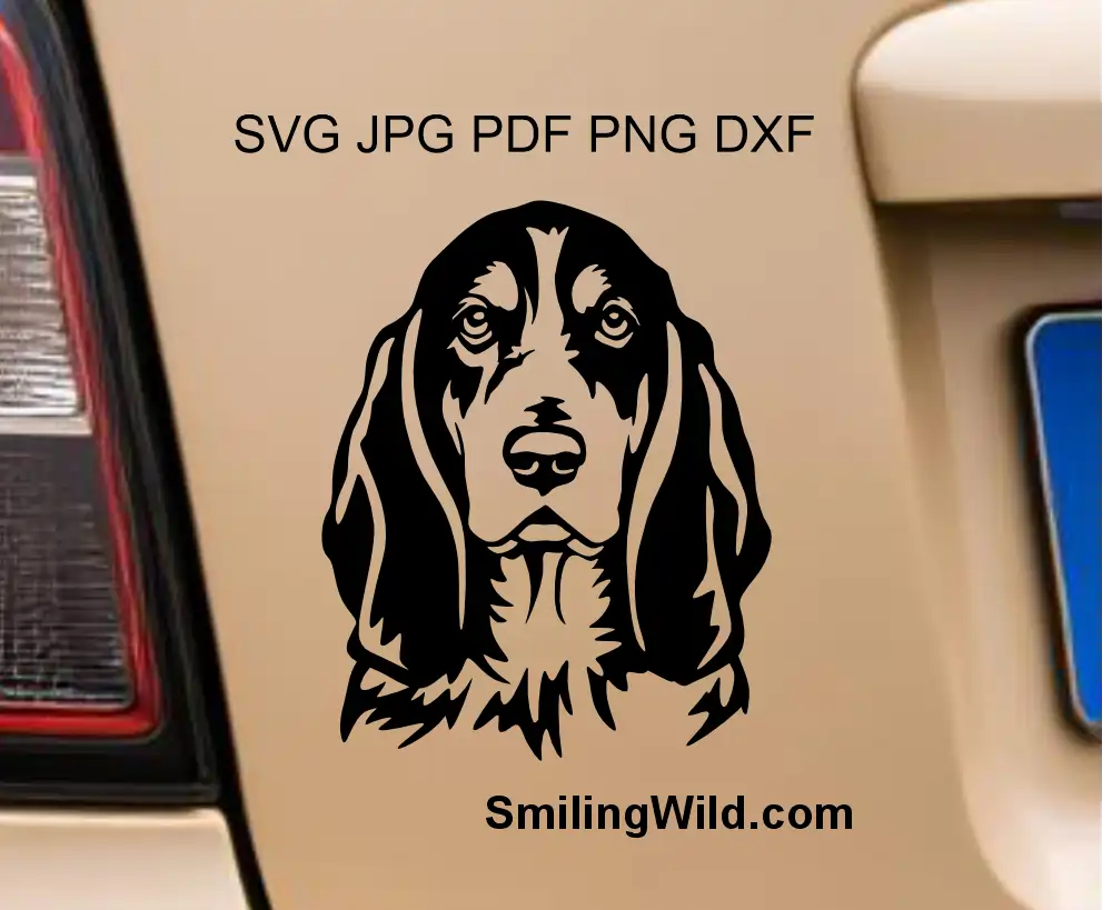 High-fidelity dog cut file design showcasing the specific long ears and hound profile of the Basset Bleu de Gascogne breed in DXF and png format.