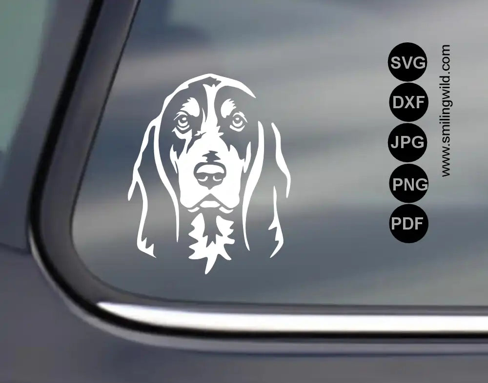 High-contrast dog white vector cutting clipart displaying the specific long ears of the Basset Bleu de Gascogne breed in DXF format visualized as a car sticker