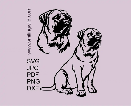 Boerboel dog SVG PNG DXF vector file, digital cuttable clipart design for Cricut and laser cutting projects offered in full body sitting position and a separate head.
