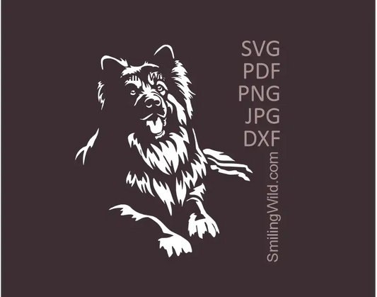 Bohemian Shepherd Dog SVG white vector clipart, showing the lying dog pose. Highest quality vector graphic drawing for Cicut and laser cutting.