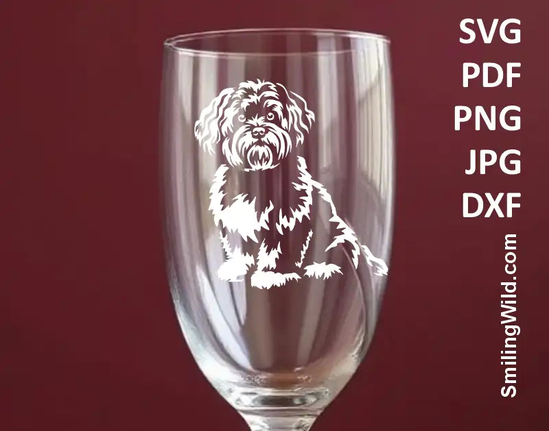 a sampleimage of a Bolonka Zwetna white PNGengraved in a glass – lap dog graphic for dark surfaces, glass engraving, pet signs, and DIY dog gifts