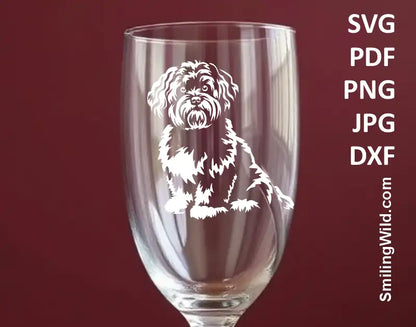 a sampleimage of a Bolonka Zwetna white PNGengraved in a glass – lap dog graphic for dark surfaces, glass engraving, pet signs, and DIY dog gifts