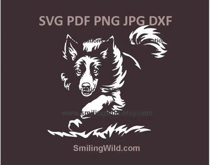 SVG vector image of a running Border Collie in black and white line art style