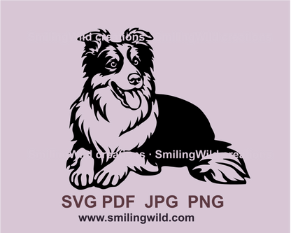 lying and smiling border collie clip art design in black line art with transparent background