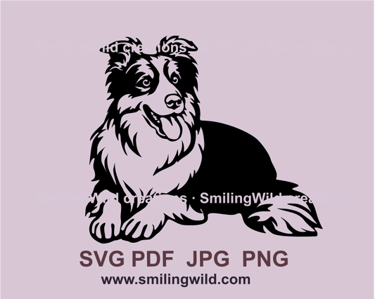 lying and smiling border collie clip art design in black line art with transparent background