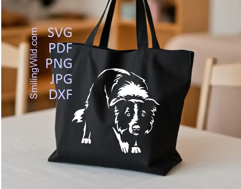 A tote bag with a working dog decal presenting a White full body Border Collie vector drawing in SVG for laser cutting, engraving, and vinyl crafting on dark items