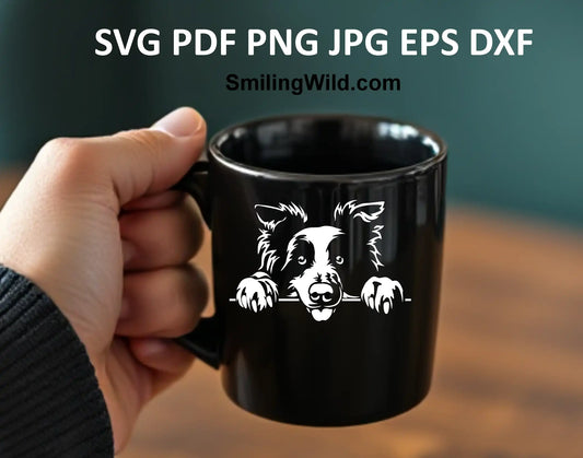 Smiling Border Collie vector clipart in white and black, available as SVG, PNG, and DXF for crafting projects