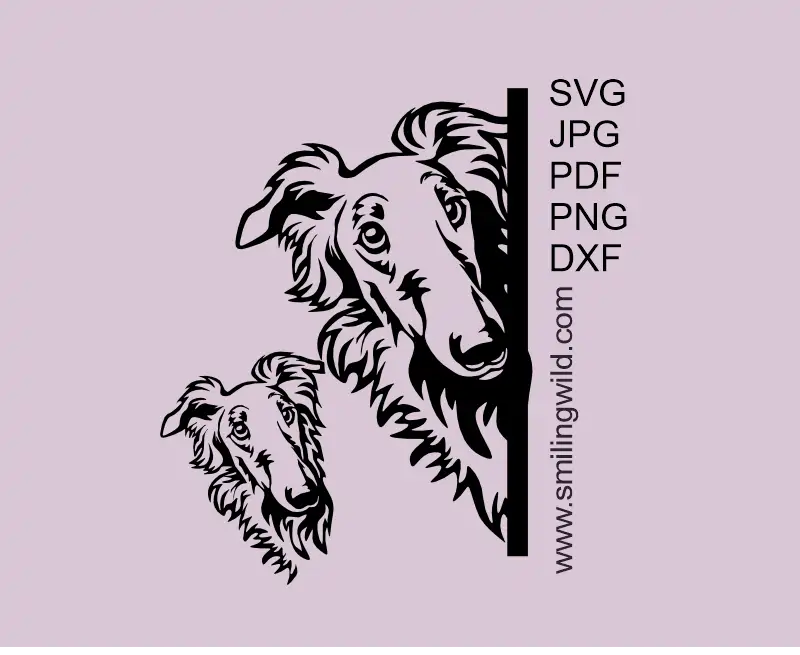 Borzoi dog peeking from corner SVG design for laser cutting and Cricut projects. Two designs - A dog looking around the corner and a separate head