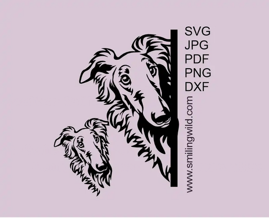 Borzoi dog peeking from corner SVG design for laser cutting and Cricut projects. Two designs - A dog looking around the corner and a separate head