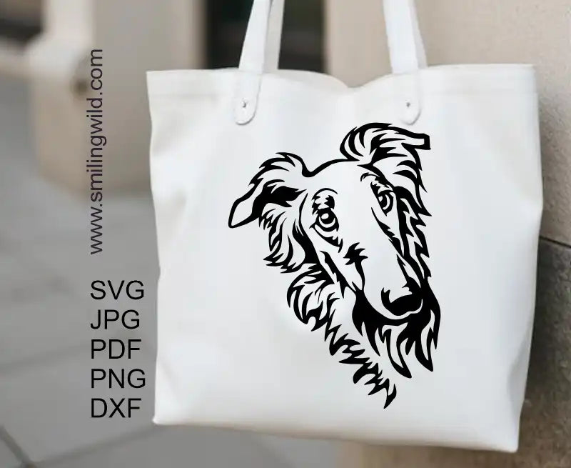 a tote bag iaplique of a Borzoi dog face clipart in SVG and DXF formats for decals and DIY craft projects