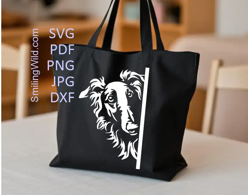 A tote bag white iron on patch presenting a Borzoi vector DXF clipart for laser engraving, vinyl cutting, and digital craft projects