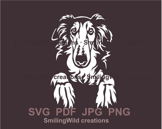 peeking borzoi vector face design in a white color on a brown background

