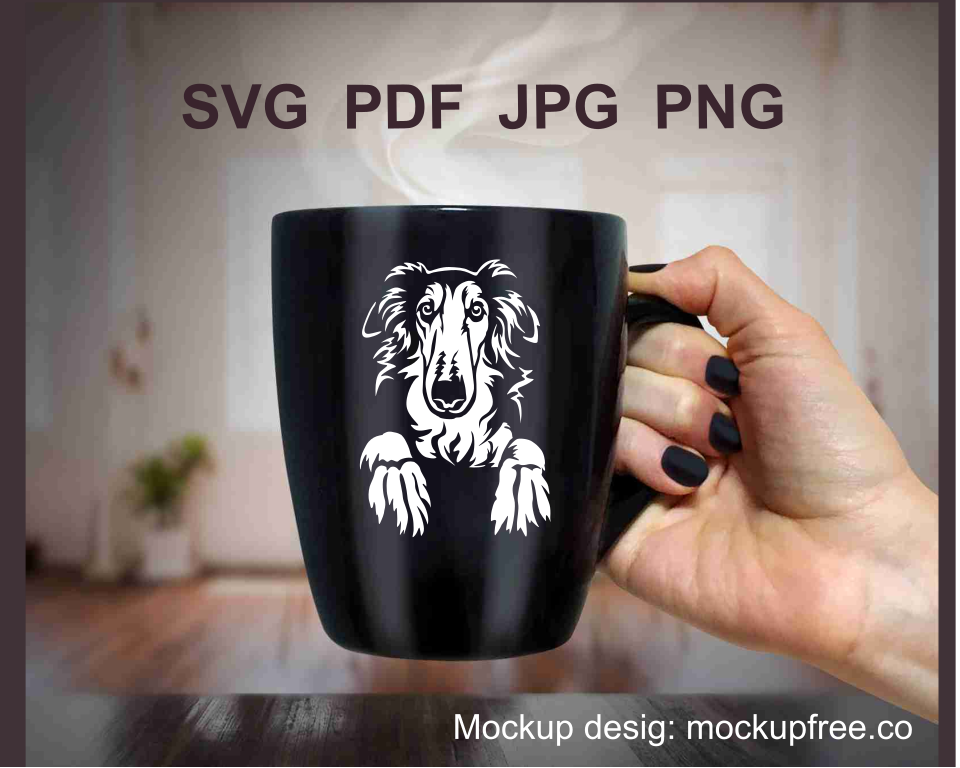 borzoi white portrait printed on a black mug