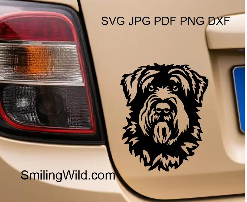A car sticker representing a Digital design of Bouvier des Flandres face in vector cut file for crafting and engraving