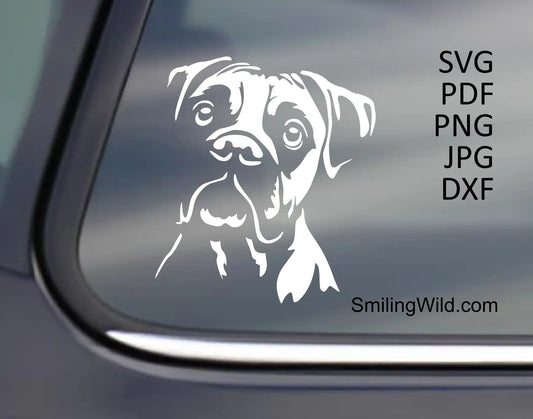 Boxer head portrait in svg, png and dxf files shown in white cut file version for dark backgrounds 