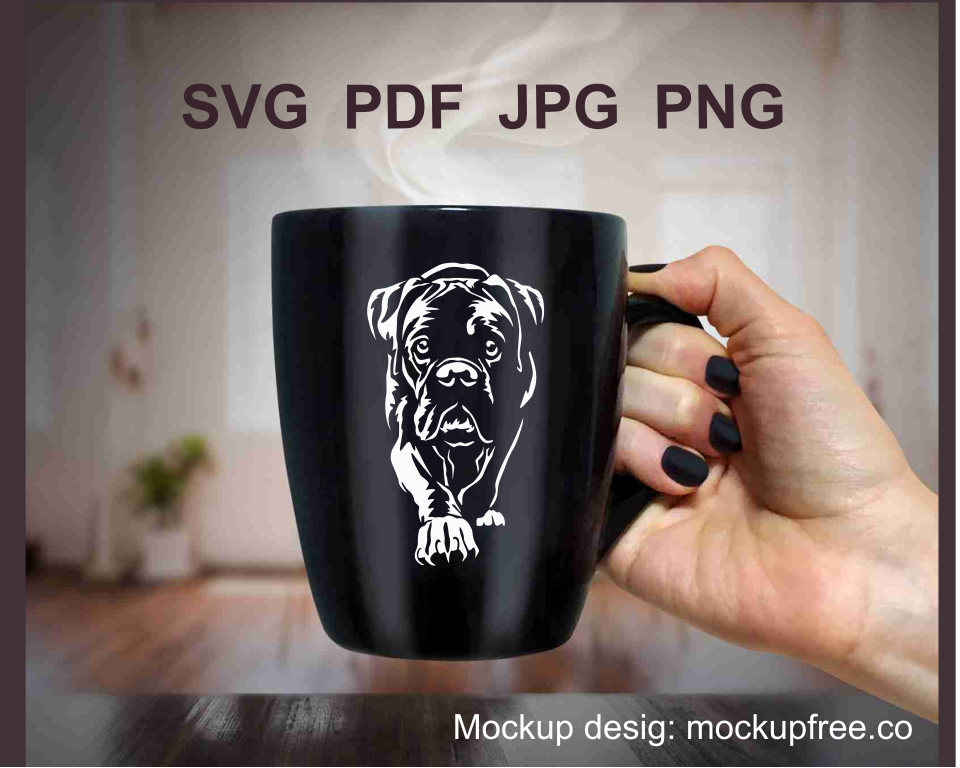 boxer dog digital design shown as black mug application