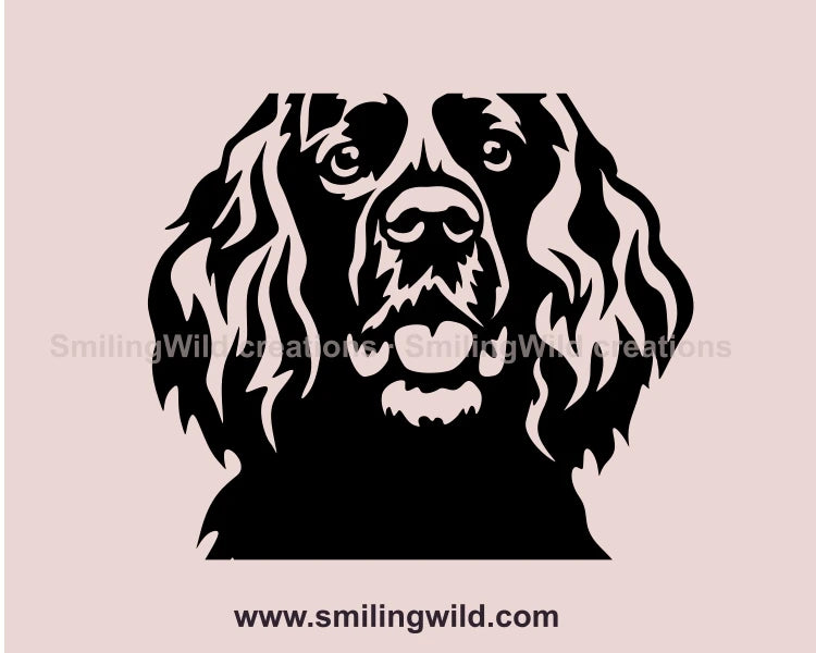 boykin spaniel face with opend mouth and tongue out. Image is in black graphic style