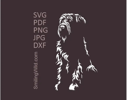 A sitting Briard Dog SVG vector graphic file in white. Minimalist French Sheepdog outline clipart, perfectly optimized for Cricut and laser cutting project