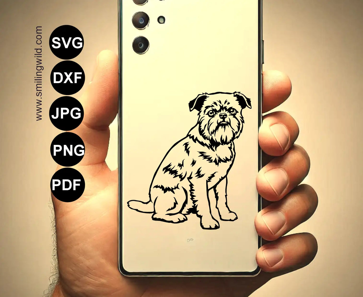 laser and cnc dxf cutting file of the sitting Brussles griffon full body clipart shown as a phone case design
