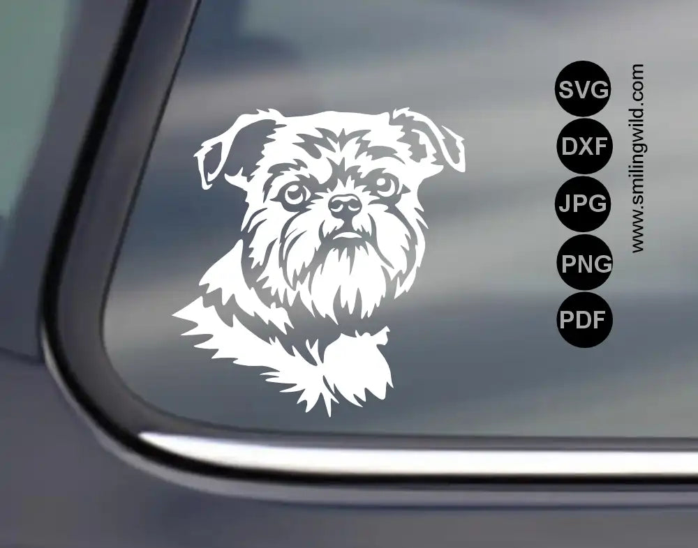 Brussels Griffon dog SVG and PNG white vector cut file graphic for Cricut applied as a light vinyl decal on dark tinted glass window.
