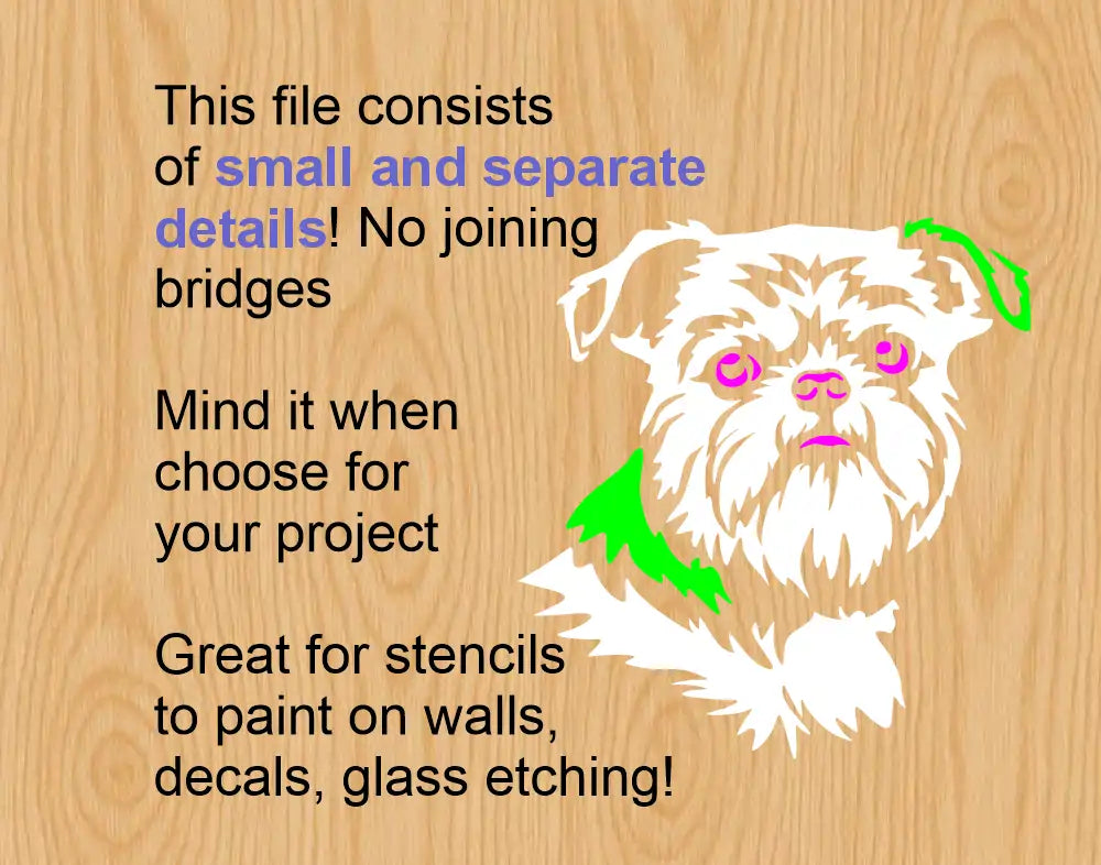 Detailed technical breakdown illustrating multi-element path geometry of a Brussels Griffon face DXF cutting file for laser and CNC engraving useful for stencil art.