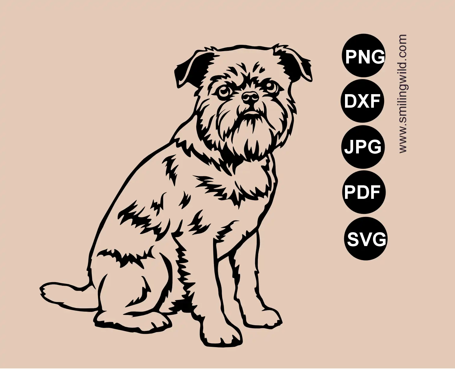 Full-body preview of a sitting Brussels Griffon SVG, PNG and DXF graphic cut file showing detailed dog vector artwork.