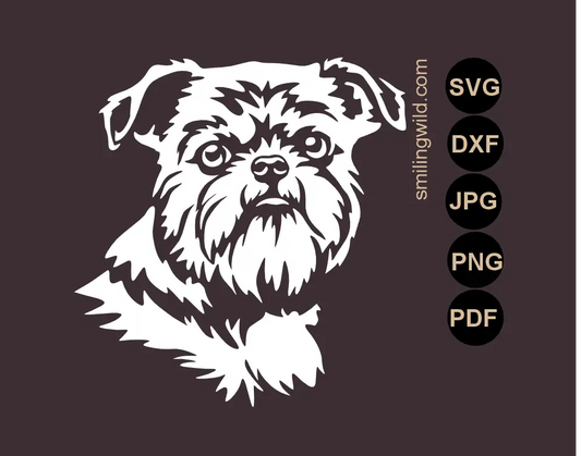 Almost Frontal view of a Brussels Griffon  white vector cut file portrait in SVG, PNg and dxf cutting files displayed as detailed artwork on dark  background.