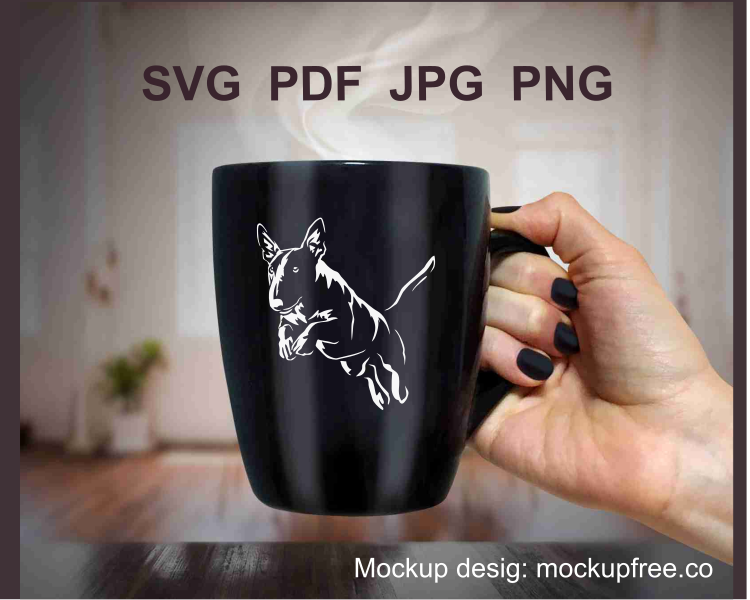 jumping bull terrier white print on a black mug