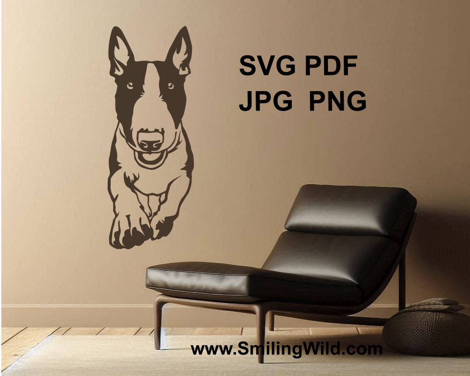 bull terrier graphic wall art shown on a white wall.