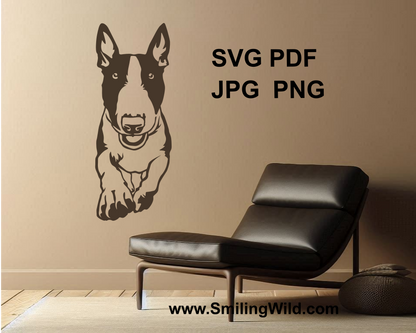 bull terrier graphic wall art shown on a white wall.