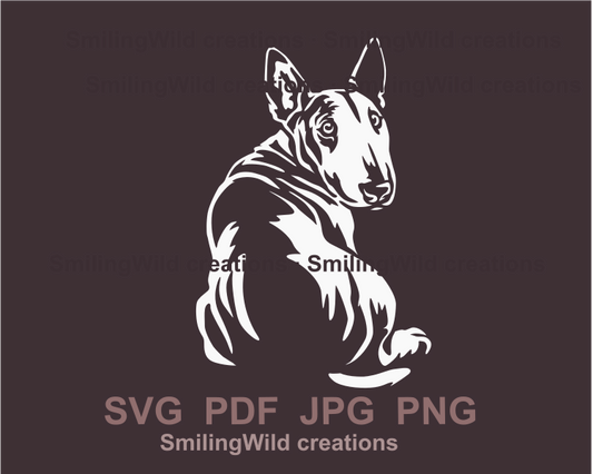 sitting bull terrier looking over his shoulder in a white vector graphic design