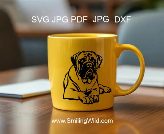 a mug with printed Bullmastiff on it. It represents canine vector graphic cuttable SVG PNG DXF file for Cricut, laser engraving to make DIY craft projects with clean lines and high resolution