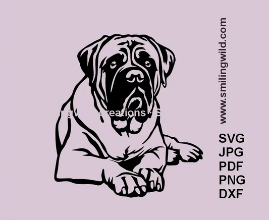 Lying Bullmastiff dog SVG PNG DXF clipart vector cut file for Cricut and laser cutting, detailed black dog digital graphic for crafting and engraving