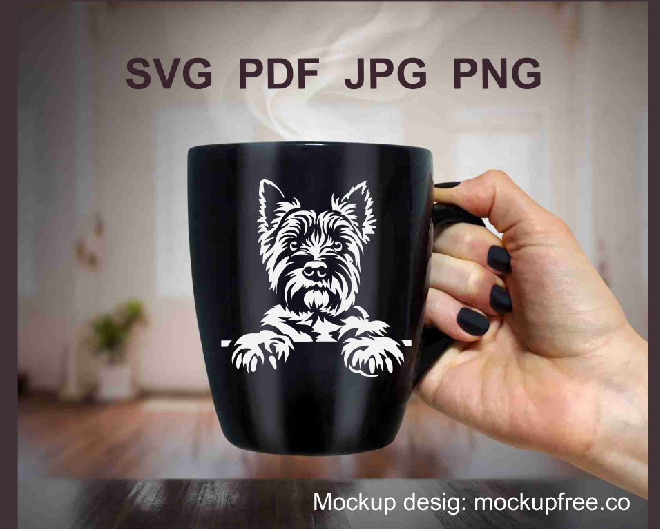 cairn terrier clip art potrait white color application on a black mug