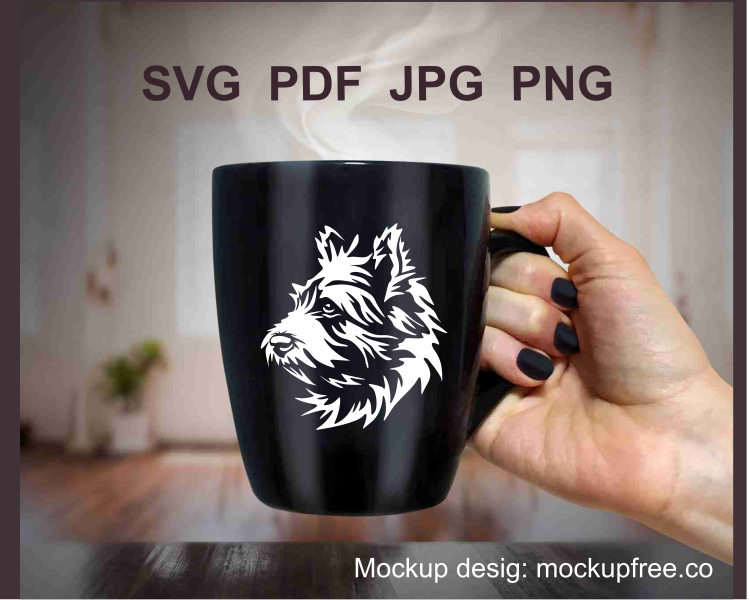 cairn terrier white svg cricut image applied to a black mug