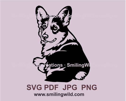 Cardigan corgi sitting and looking over it's shoulder. dog is made in black graphic digital art style