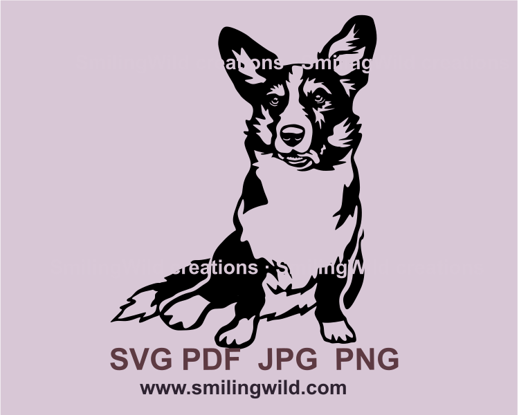 sitting cardigan welsh corgi with open mouth and tongue out of it. dog drawing in svg graphic style