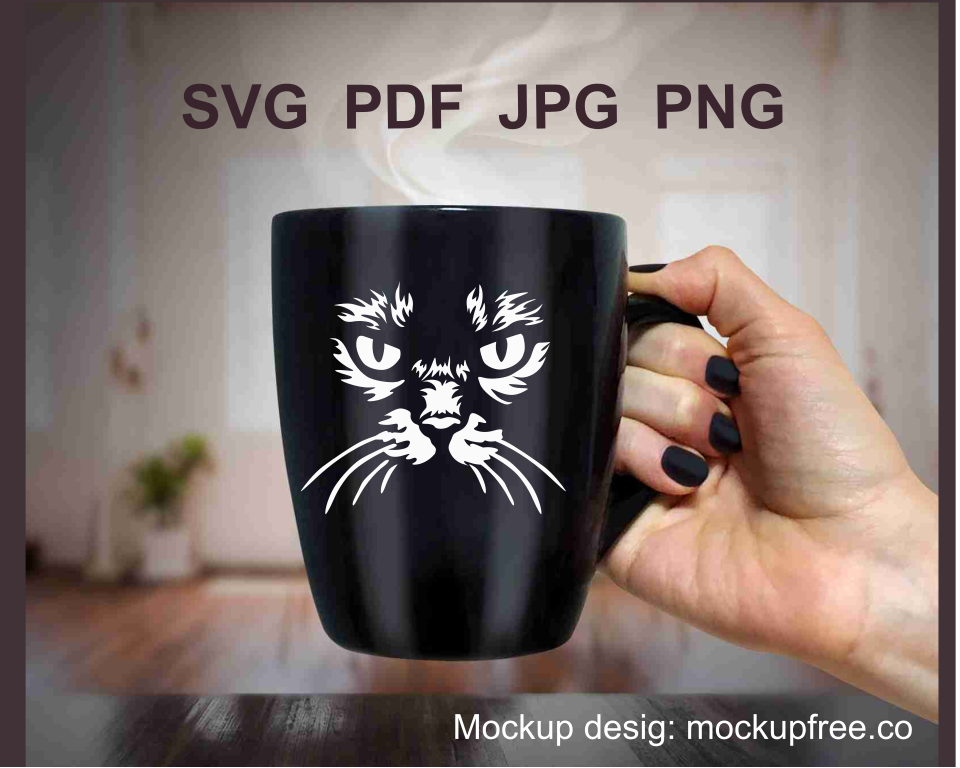 angru cat face shown as white cuttable design, printed on balck  coffe mug