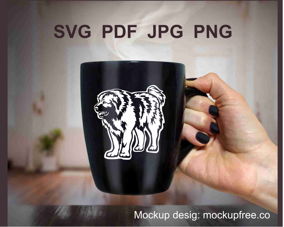 A black mug with a caucasian shepherd digital design application printed on it