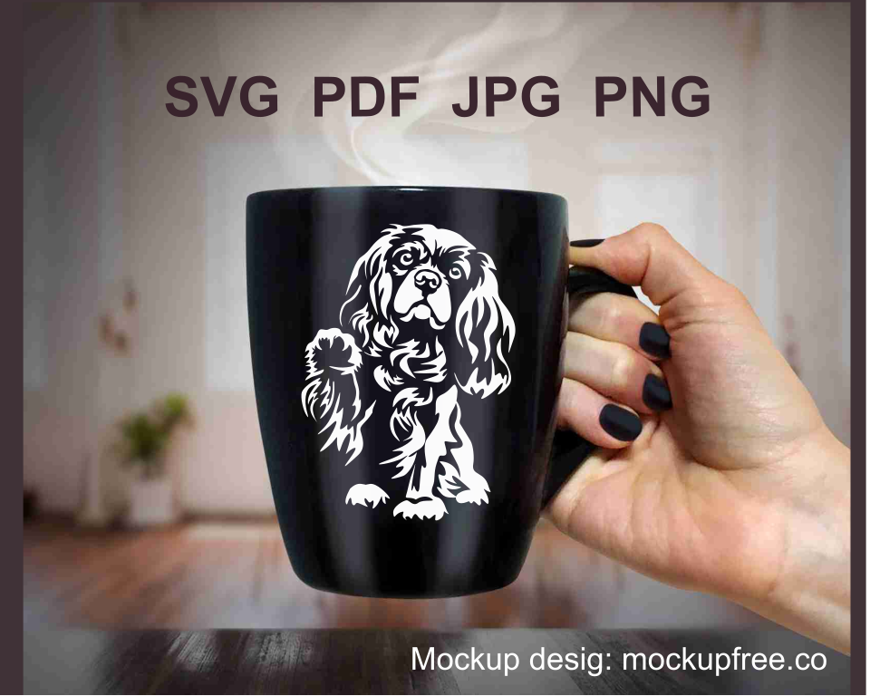 white dog design on a black mug