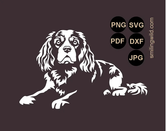 a lying frontal looking Cavalietr King Charles spaniel graphic drawing presenting white vector cut file for clipart use, cutting and engraving