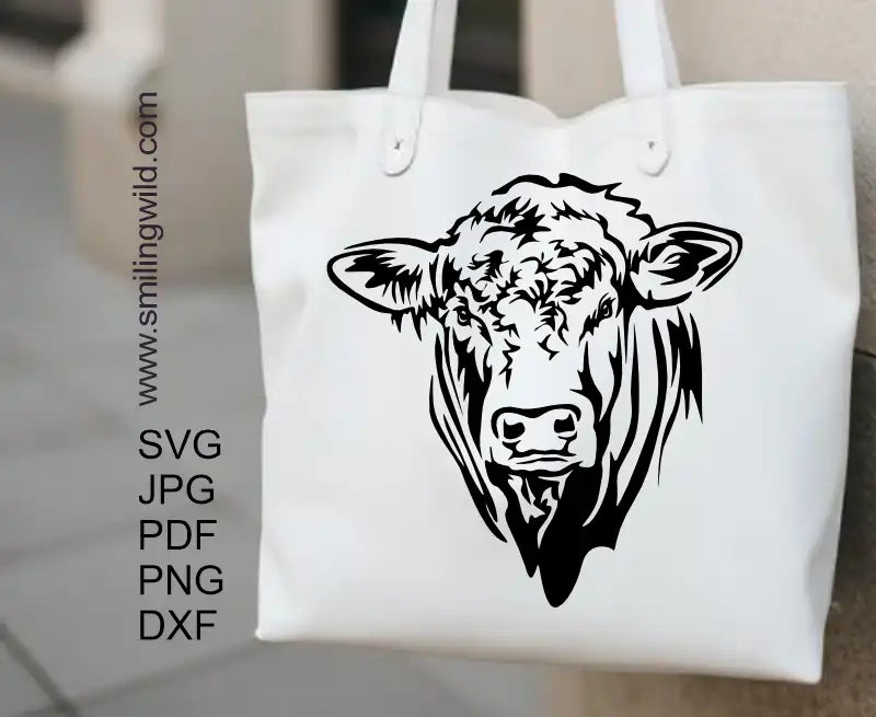 A tote bag woth application of Charolais bull head svg and dxf vector graphic file for Cricut, laser cutting, and crafting projects