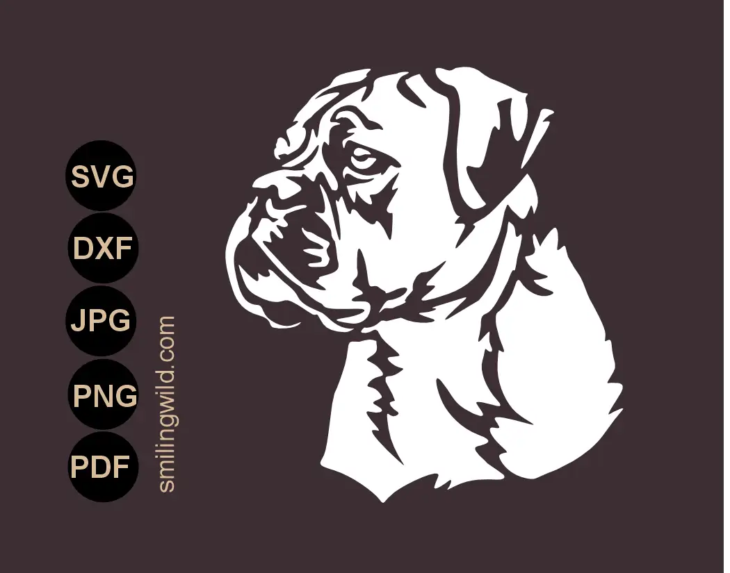 A white vector graphic svg portrait of a continental bulldog face portrait in 1/4 angle shot presenting a cutting file for cnc laser and stencil creation