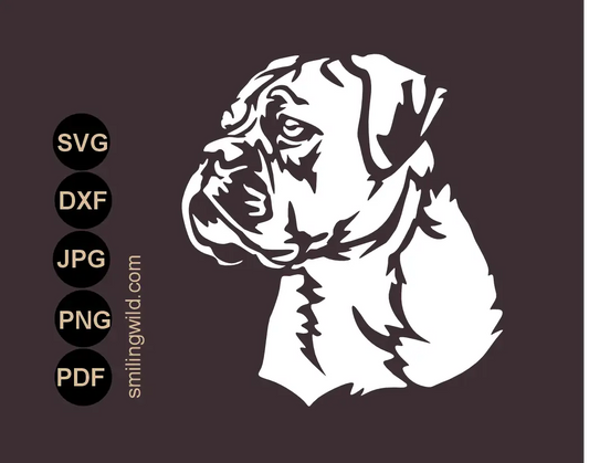 A white vector graphic svg portrait of a continental bulldog face portrait in 1/4 angle shot presenting a cutting file for cnc laser and stencil creation