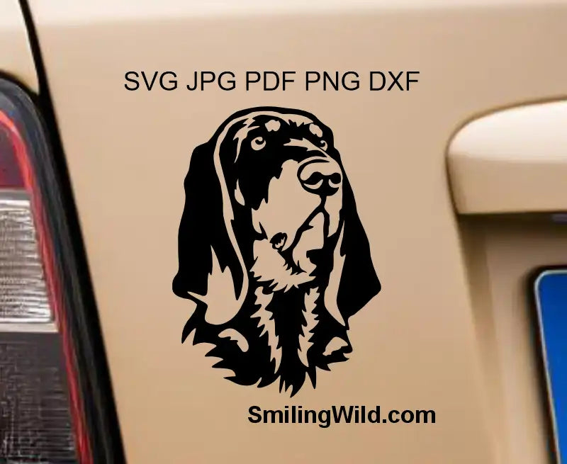 a detailed Black & Tan Coonhound head Clipart applied to a light surfac, emphasizing the black file vector graphic line detail.